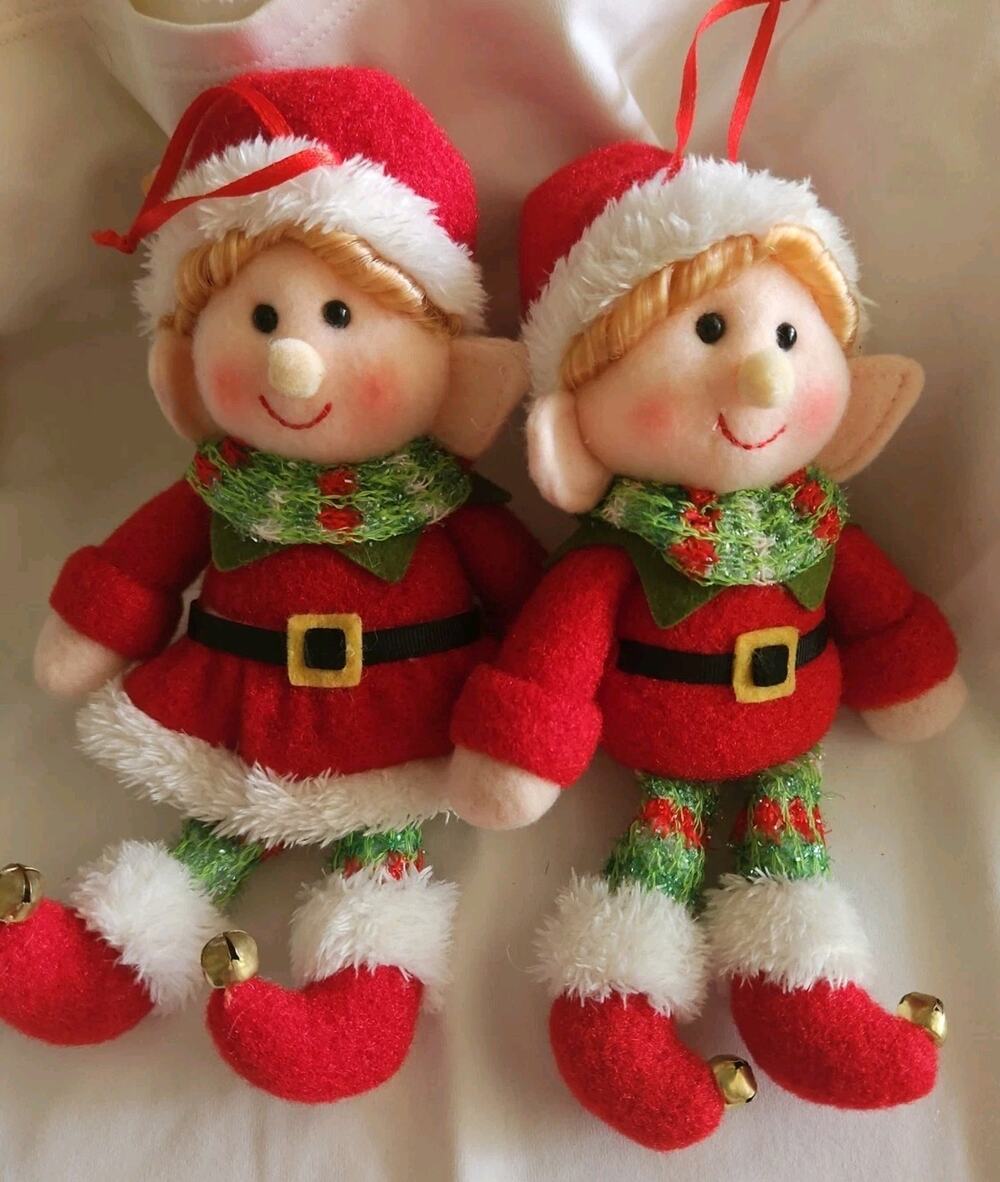 Vintage Set of 2 Christmas Elf Fabric Figurine Ornament Red/White Boy/Girl